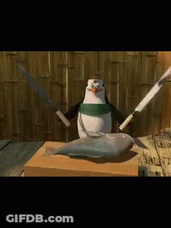 A Penguin Is Holding A Knife And A Fish On A Cutting Board GIF