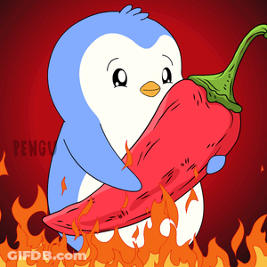 A Penguin Is Holding A Large Red Pepper With Flames Behind It GIF