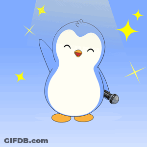 A Penguin Is Holding A Microphone And Smiling GIF