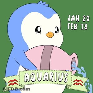 A Penguin Is Holding A Pink Vase With The Word Aquarius On A Green Background GIF