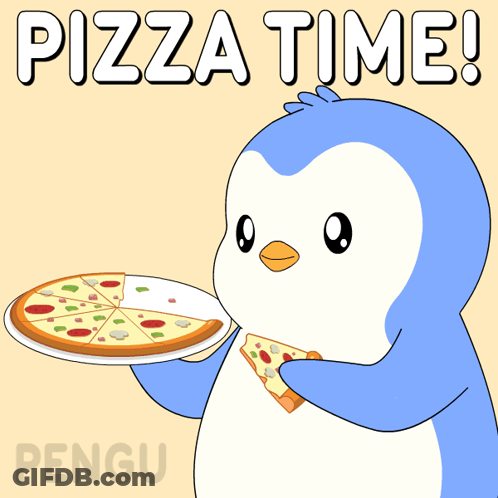 A Penguin Is Holding A Plate Of Pizza With The Words Pizza Time Behind It GIF