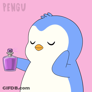 A Penguin Is Holding A Purple Bottle Of Perfume And The Word Pengu Is On The Bottom GIF
