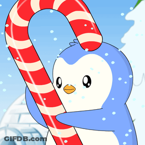 A Penguin Is Holding A Red And White Candy Cane GIF