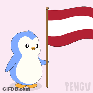 A Penguin Is Holding A Red And White Flag And The Word Pengu Is On The Bottom GIF