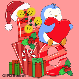 A Penguin Is Holding A Red Heart In Front Of A Candy Cane That Says Love GIF