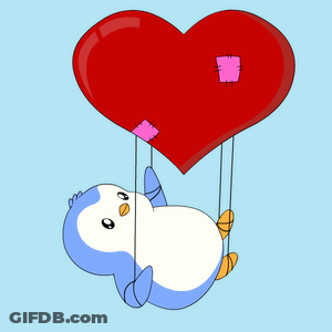 A Penguin Is Holding A Red Heart With A Pink Patch On It GIF