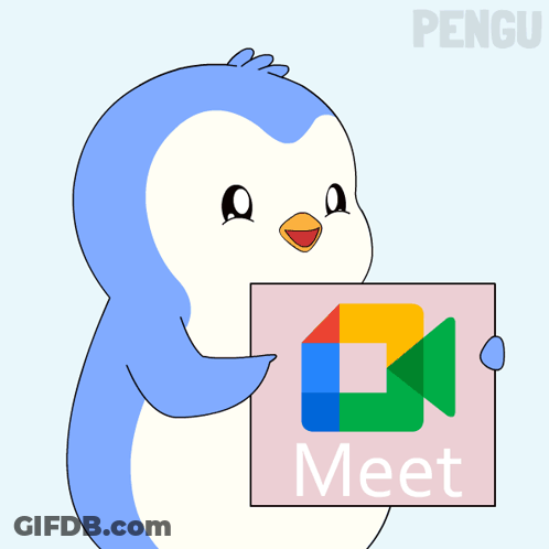 A Penguin Is Holding A Sign That Says " Meet " GIF