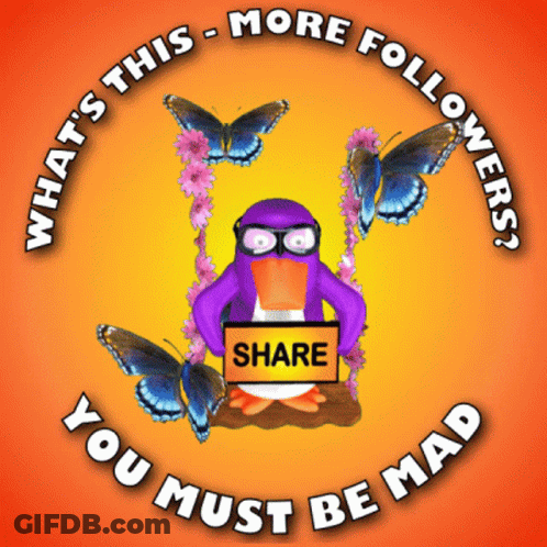A Penguin Is Holding A Sign That Says Share On It GIF
