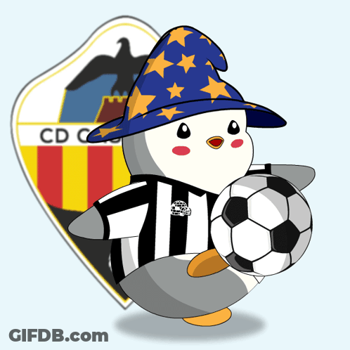 A Penguin Is Holding A Soccer Ball In Front Of A Cd Emblem GIF