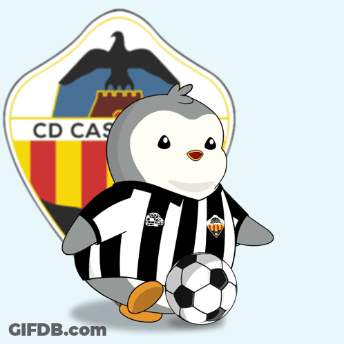 A Penguin Is Holding A Soccer Ball In Front Of A Crest That Says Cd Cas GIF