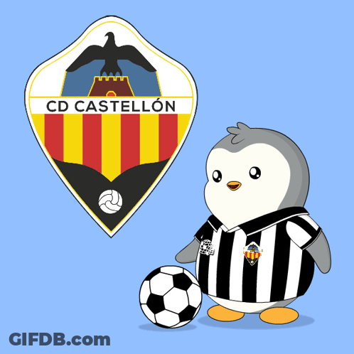 A Penguin Is Holding A Soccer Ball In Front Of The Cd Castellon Logo GIF