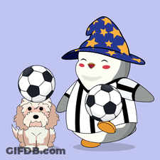 A Penguin Is Holding A Soccer Ball Next To A Dog GIF