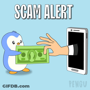 A Penguin Is Holding A Stack Of Money And A Hand Is Coming Out Of A Cell Phone With The Words Scam Alert Written Above GIF