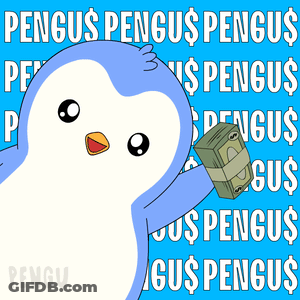 A Penguin Is Holding A Stack Of Money In Front Of A Blue Background That Says Pengu GIF