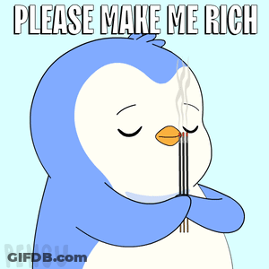 A Penguin Is Holding A Stick In Its Mouth With The Words Please Make Me Rich Above It GIF