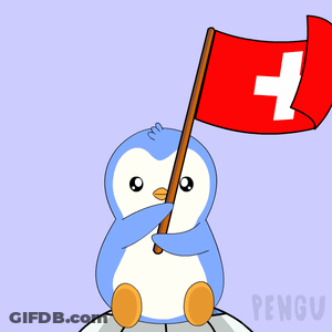 A Penguin Is Holding A Swiss Flag With A White Cross On It GIF