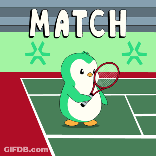 A Penguin Is Holding A Tennis Racquet On A Tennis Court With The Word Match Above Him GIF