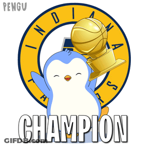 A Penguin Is Holding A Trophy In Front Of A Logo That Says Indiana Pacers GIF
