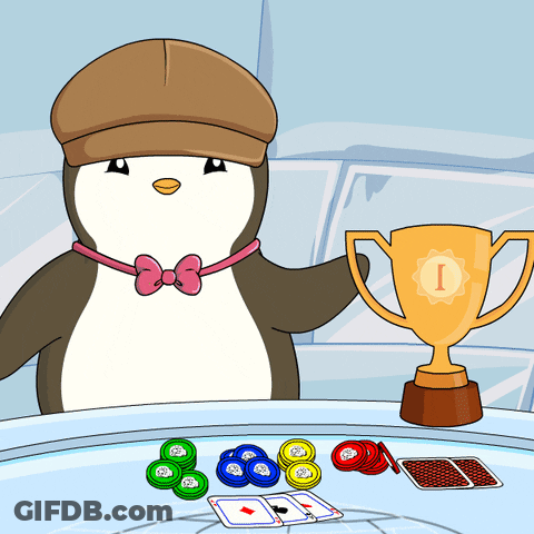 A Penguin Is Holding A Trophy That Has The Letter I On It GIF