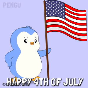 A Penguin Is Holding An American Flag With The Words Happy 4Th Of July Below It GIF