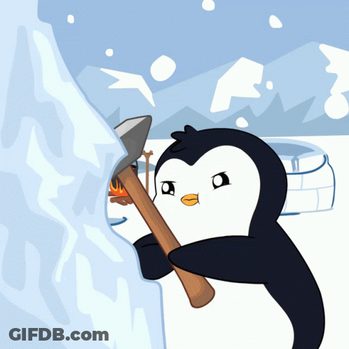 A Penguin Is Holding An Axe In Front Of A Snowy Mountain GIF