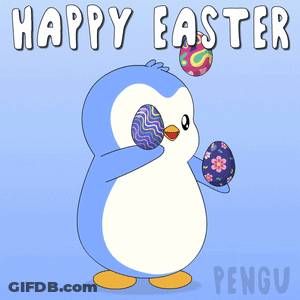 A Penguin Is Holding An Easter Egg With The Words Happy Easter Written Above It GIF