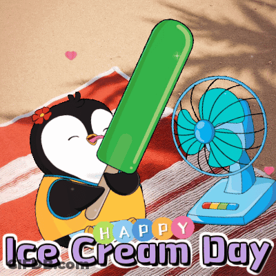 A Penguin Is Holding An Ice Cream Bar In Front Of A Fan GIF