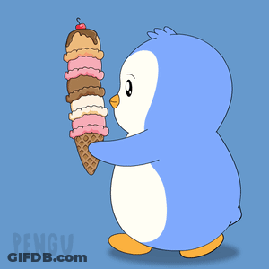 A Penguin Is Holding An Ice Cream Cone With A Cherry On Top Of It GIF