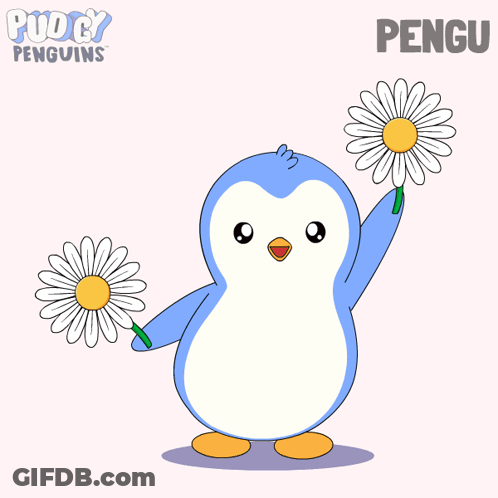 A Penguin Is Holding Two Daisies In Its Paws And The Name Pengu Is On The Bottom GIF