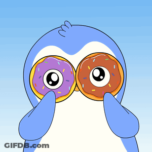 A Penguin Is Holding Two Donuts In Front Of His Eyes GIF