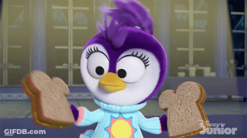 A Penguin Is Holding Two Slices Of Bread In Front Of A Disney Junior Sign GIF