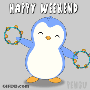 A Penguin Is Holding Two Tambourines And The Words Happy Weekend Are Above It GIF