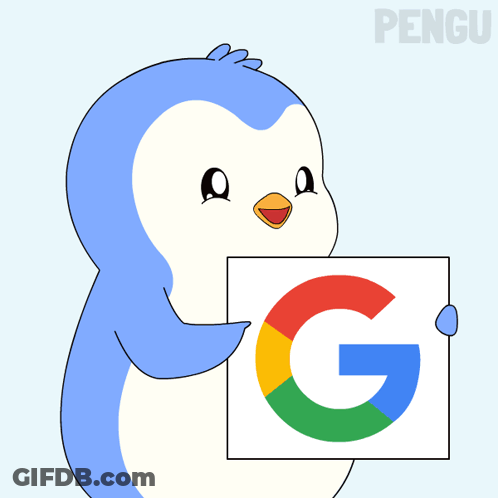 A Penguin Is Holding Up A Sign That Says Google GIF