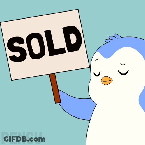 A Penguin Is Holding Up A Sold Sign With Its Eyes Closed GIF
