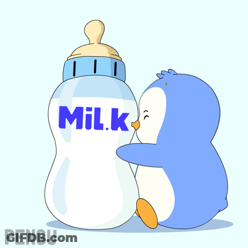 A Penguin Is Hugging A Bottle Of Milk With The Word Milk On It GIF