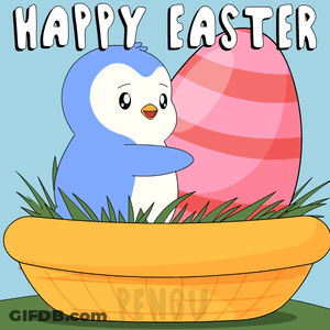 A Penguin Is Hugging An Easter Egg In A Basket With The Words Happy Easter Written Above It GIF