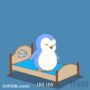 A Penguin Is Jumping Over A Bed With The Words Im Im Written Below It GIF