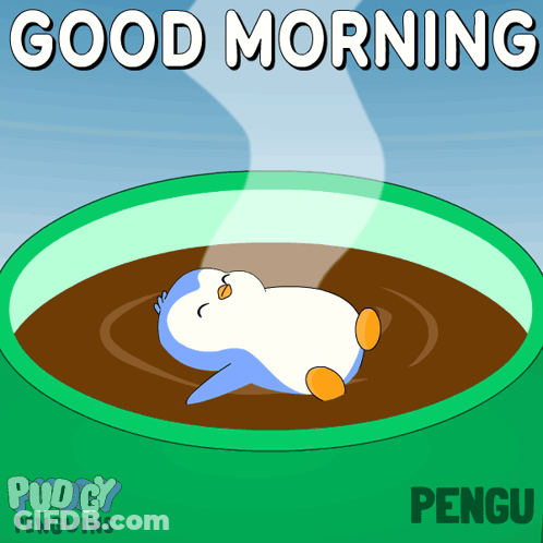 A Penguin Is Laying In A Cup Of Coffee With The Words Good Morning Pengu GIF