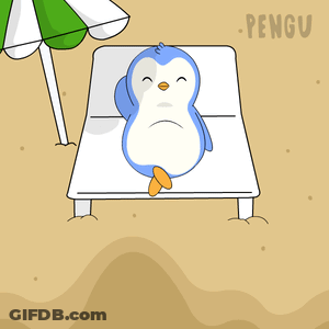 A Penguin Is Laying On A Beach Chair Under An Umbrella With The Word Pengu Below It GIF