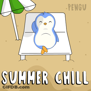 A Penguin Is Laying On A Beach Chair Under An Umbrella With The Words Summer Chill GIF