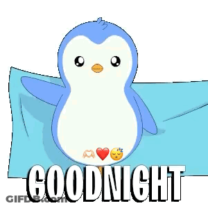 A Penguin Is Laying On A Pillow With The Words `` Good Night '' Written Below It . GIF