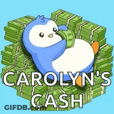 A Penguin Is Laying On Top Of A Pile Of Money With The Words Carolyn 'S Cash Below It . GIF