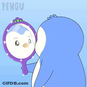 A Penguin Is Looking At Its Reflection In A Hand Mirror With The Word Pengu On The Bottom GIF