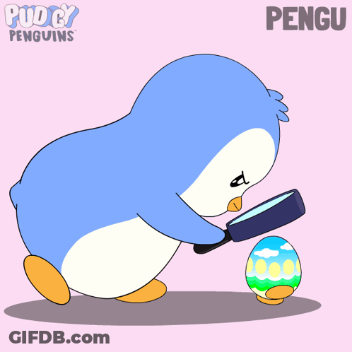 A Penguin Is Looking Through A Magnifying Glass At An Easter Egg And The Name Pengu Is On The Bottom Right GIF