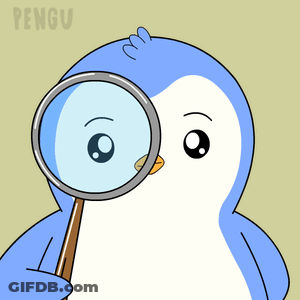 A Penguin Is Looking Through A Magnifying Glass With Pengu Written In The Corner GIF
