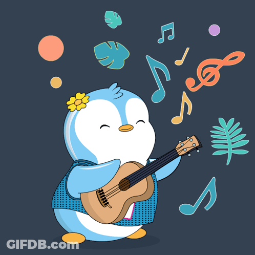 A Penguin Is Playing An Ukulele With Music Notes Flying Around Him GIF