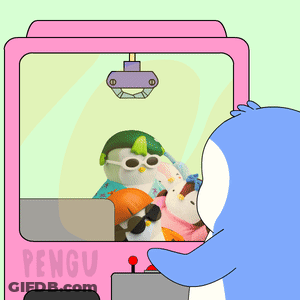 A Penguin Is Playing With Stuffed Animals In A Pink Claw Machine That Says Pengu On It GIF