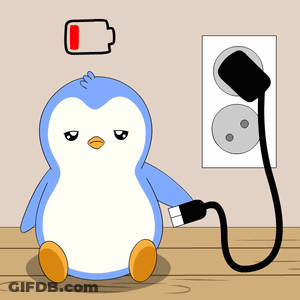 A Penguin Is Plugged Into An Electrical Outlet With A Low Battery Icon Above It GIF