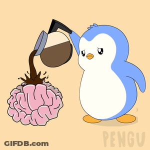 A Penguin Is Pouring Coffee Into A Brain And The Word Pengu Is On The Bottom GIF