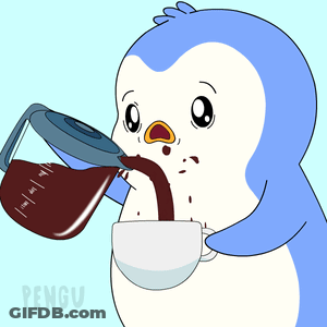 A Penguin Is Pouring Coffee Into A Cup And The Word Pengu Is On The Bottom GIF